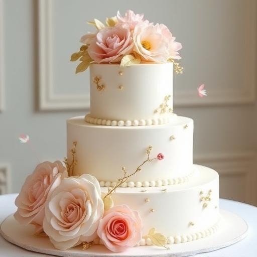 Elegant tre-etasjers bryllupskake dekorert med delikate spiselige blomster og gullblad.