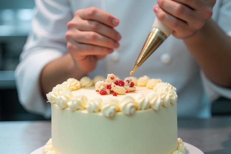 En konditor dekorerer en festkake med presisjon, legger siste hånd på verket med en krempose.